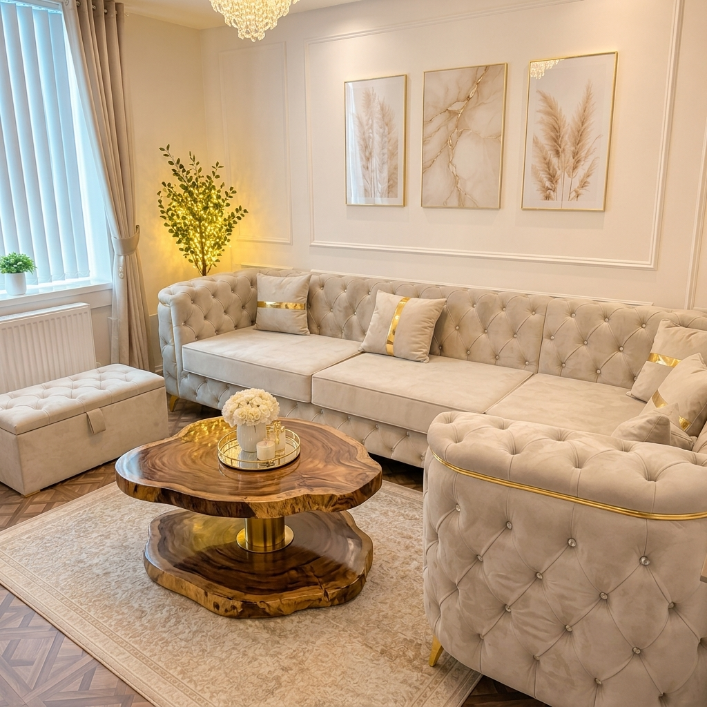 Luxury Chesterfield 3-Piece Sofa Set – Cream Velvet