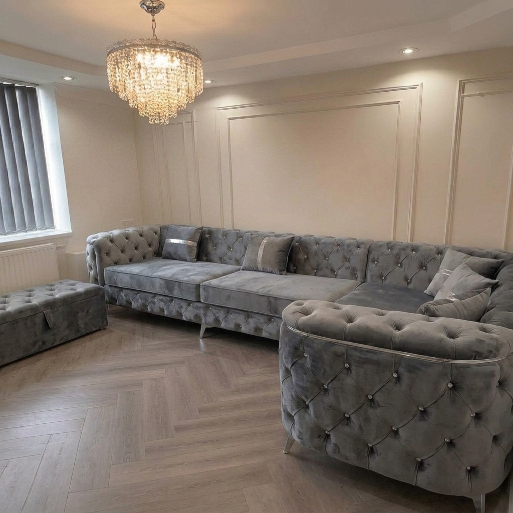 Luxury Chesterfield 6 Seater – Grey Plush and Naple in Ice Plush – The Luxury Chesterfield6 Seater Sofa Set in Grey N...