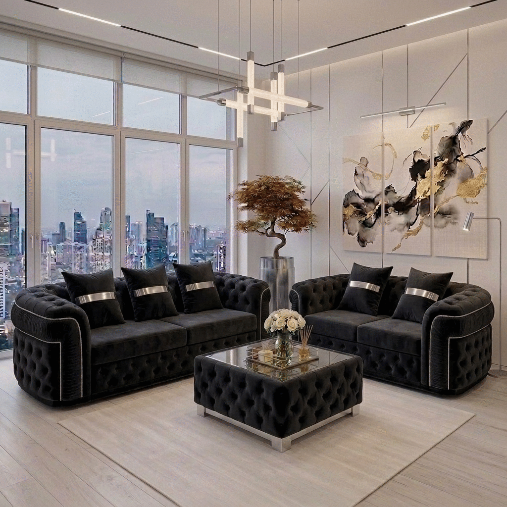 Chesterfield Modern Suite in Ice Plush – Elevate your living space with the Sovereign Tufte...
