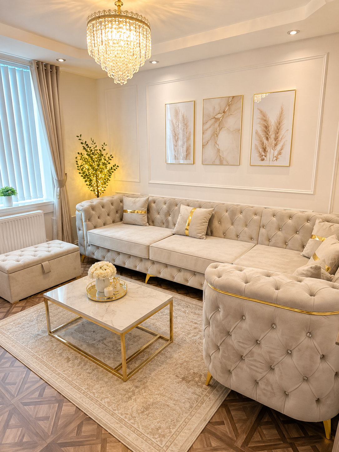 Luxury Chesterfield 3-Piece Sofa Set – Cream Velvet