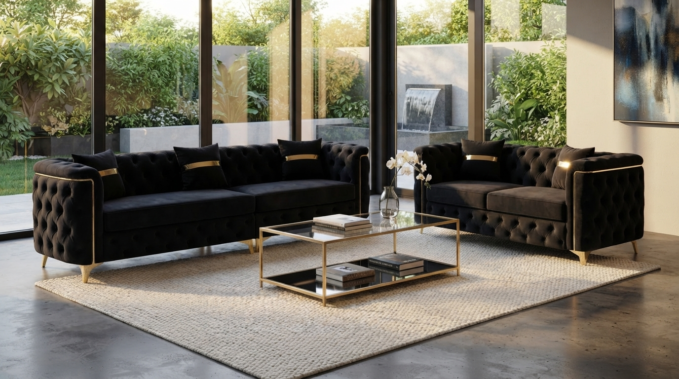 Luxury Chesterfield 3-Piece Sofa Set – Black Velvet